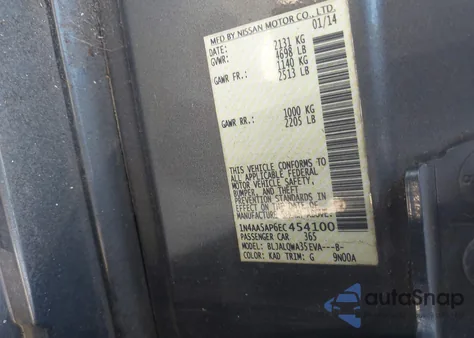 2014 Nissan Maxima 3.5 S/3.5 Sv из США, поврежденный, VIN 1N4AA5AP6EC454100